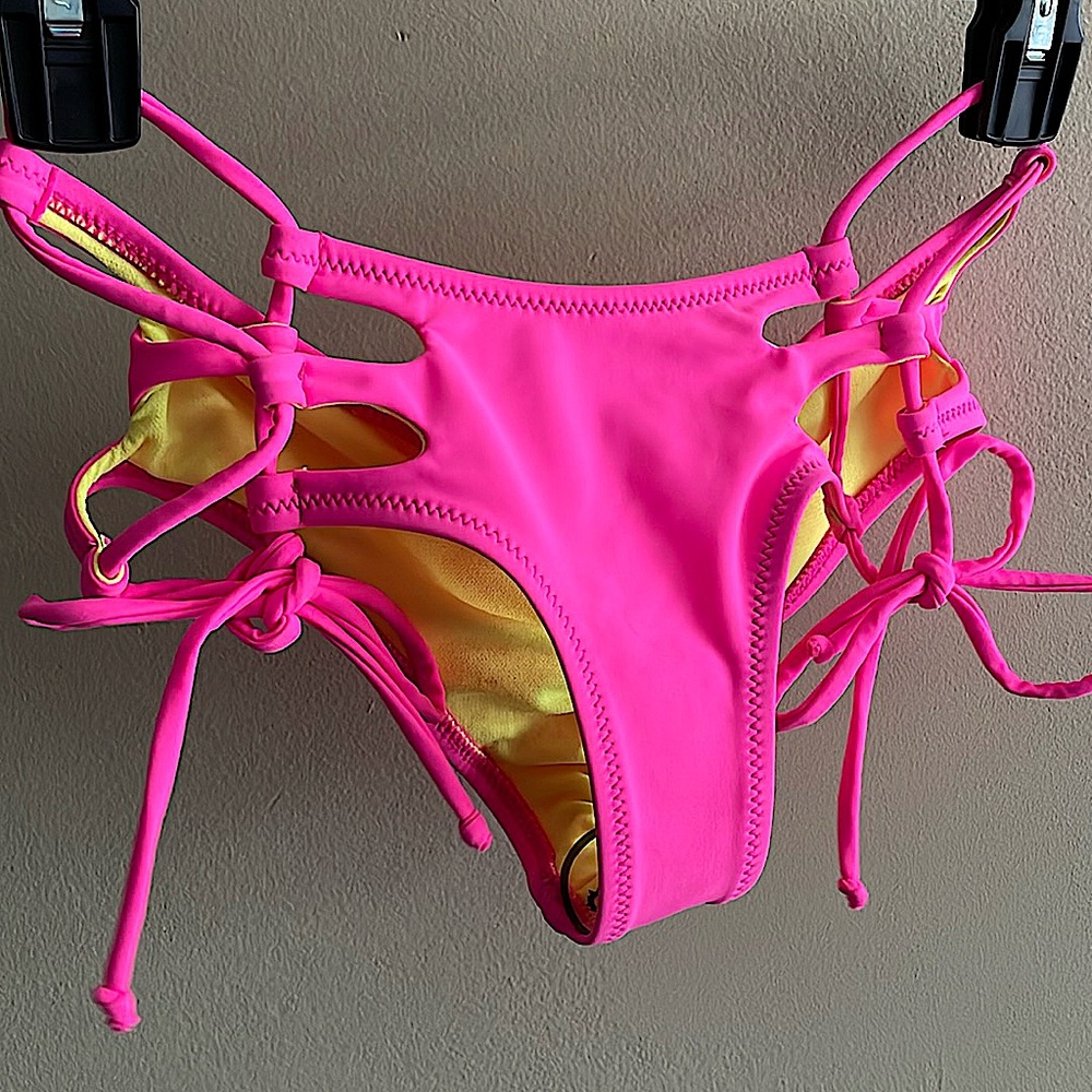Nwt Barbie pink side tie swim boy shorts ultra tiny skimpy low rise scrunch butt